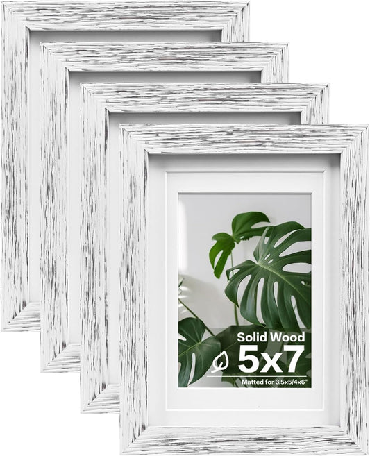 Egofine 5x7 Picture Frames Set of 4, Made of Solid Wood Covered by Plexiglass 3.5x5 and 4x6 with Mat or 5x7 without Mat, for Table Top Display and Wall Mounting Photo Frame Driftwood White