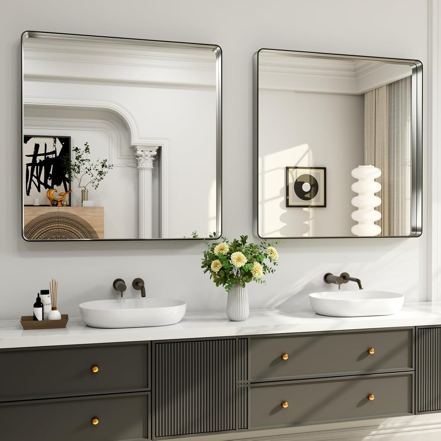 LOAAO 38X38 Inch Brushed Nickel Bathroom Mirror, Rounded Rectangle Silver Metal Frame Mirror, Brushed Nickel, Anti-Rust, Shatter Proof, Hangs Horizontally or Vertically