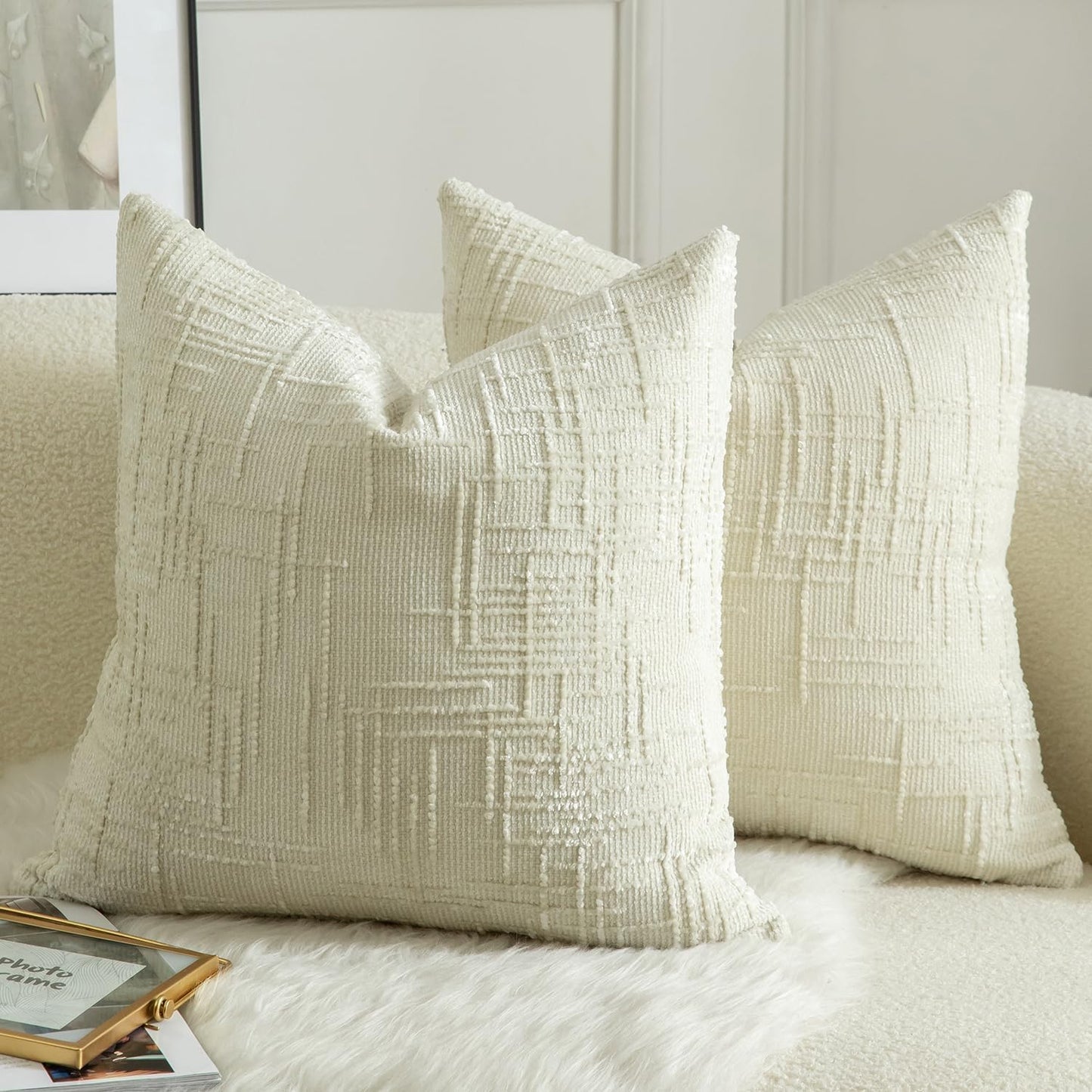 MANDIOO Pack of 2 Soft Chenille Textured Throw Pillow Covers Square Accent Solid Decorative Cushion Cover Cozy Farmhouse Pillow Case for Couch Sofa Bed Living Room 24x24 Inch Cream White