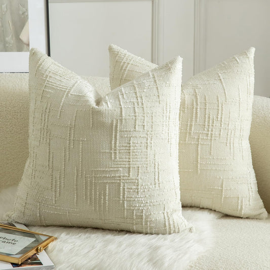 MANDIOO Pack of 2 Soft Chenille Textured Throw Pillow Covers Square Accent Solid Decorative Cushion Cover Cozy Farmhouse Pillow Case for Couch Sofa Bed Living Room 18x18 Inch Cream White