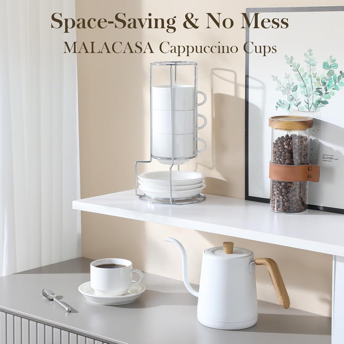 MALACASA 8 OZ Porcelain Espresso Cups with Saucers and Metal Stand Set of 4, Stackable Cappuccino Cups, White Expresso Shots Cup Set for Coffee Drinks, Latte, Tea