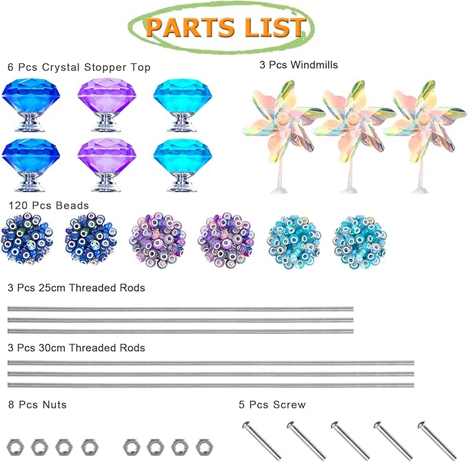 148 PCS Beaded Garden Stakes Kit, DIY Fairy Wand Garden Stake Beads Kits with Assortment Large Hole Beads 6 Crystal Stopper Top Threaded Rods and 3 Colored Small Windmills for Outdoor Indoor Decor