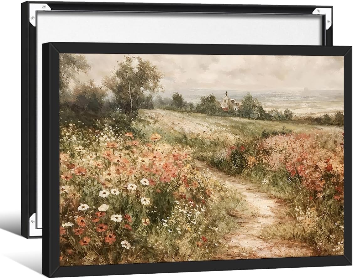 Landscape Wildflower Wall Art Nature Botanical Floral Posters Retro Cottagecore Plant Paintings Canvas Prints 08x10 inch Black Framed for Farmhouse Living Room Wall Decor