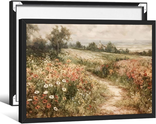 Landscape Wildflower Wall Art Nature Botanical Floral Posters Retro Cottagecore Plant Paintings Canvas Prints 08x10 inch Black Framed for Farmhouse Living Room Wall Decor