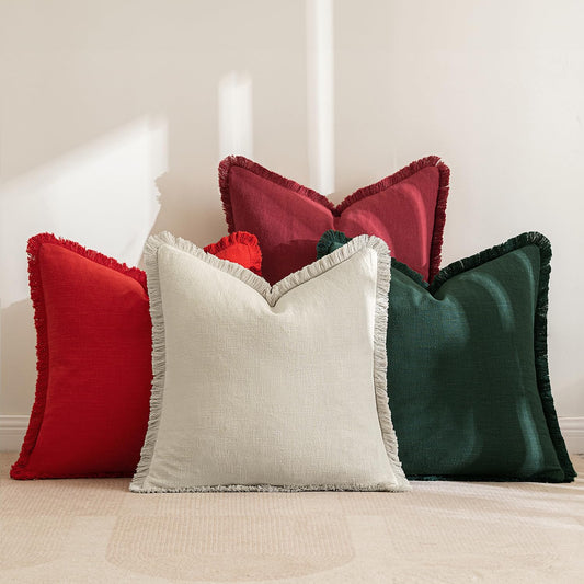 MIULEE Linen Pillow Covers 18x18 Inch Decorative Throw Pillows with Fringe Pack of 4 Soft Farmhouse Boho Couch Pillows Home Decors for Sofa Cushion Living Room Bed Dark Green and Red