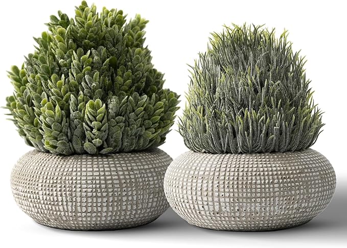 2Pack Small Fake Plants, 6.1/5.7 Inch Artificial Plants Indoor in Cement Planter, Small Faux Plants Indoor for Room Bathroom Bedroom Farmhouse Kitchen Office Home Decor