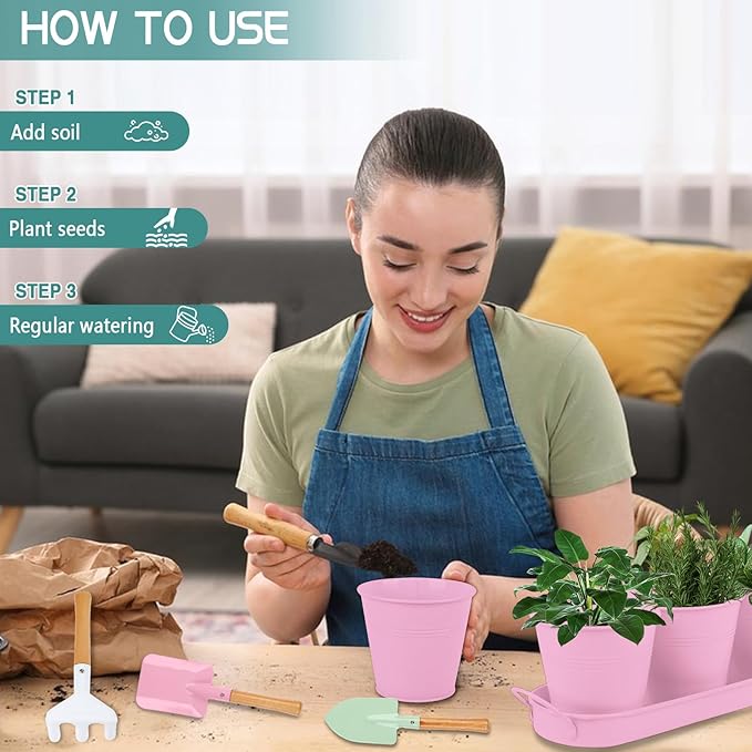 Indoor Herb Garden Set of 3 with Tray and 3 Types of Gardening Tools, Metal Plant Pots Herb Garden Planter Kit with Drainage for Plants (Pink)