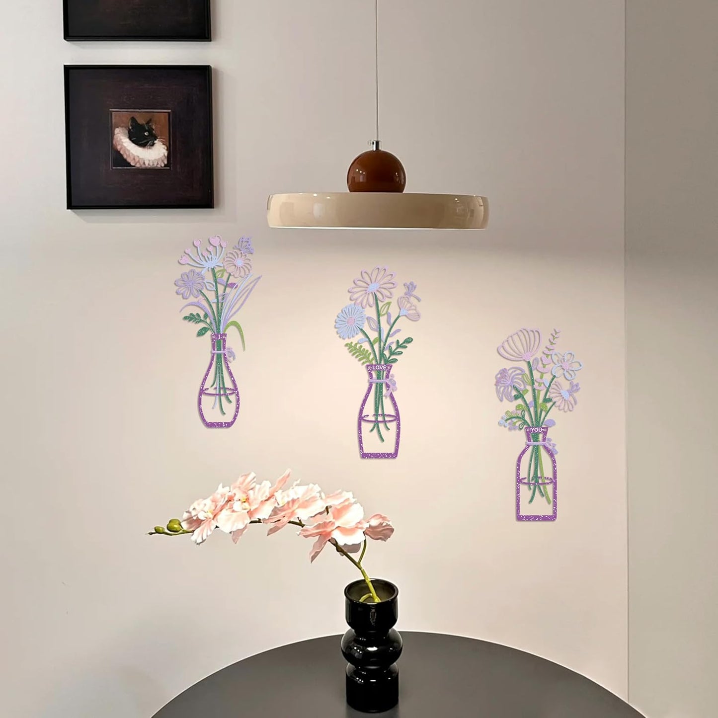 Metal Flower Wall Decor, 3-Piece Purple-Pink Metal Floral and Vase Art, Minimalist Wall Sculptures for Living Room, Bedroom, Bathroom, Kitchen, Lightweight and Easy to Hang