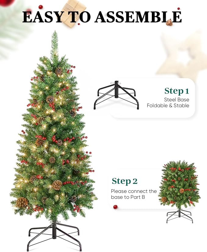 4.5FT Prelit Slim Christmas Tree, Decorated with 150 Clear Lights and Realistic 452 Thicken Tips, Hinged