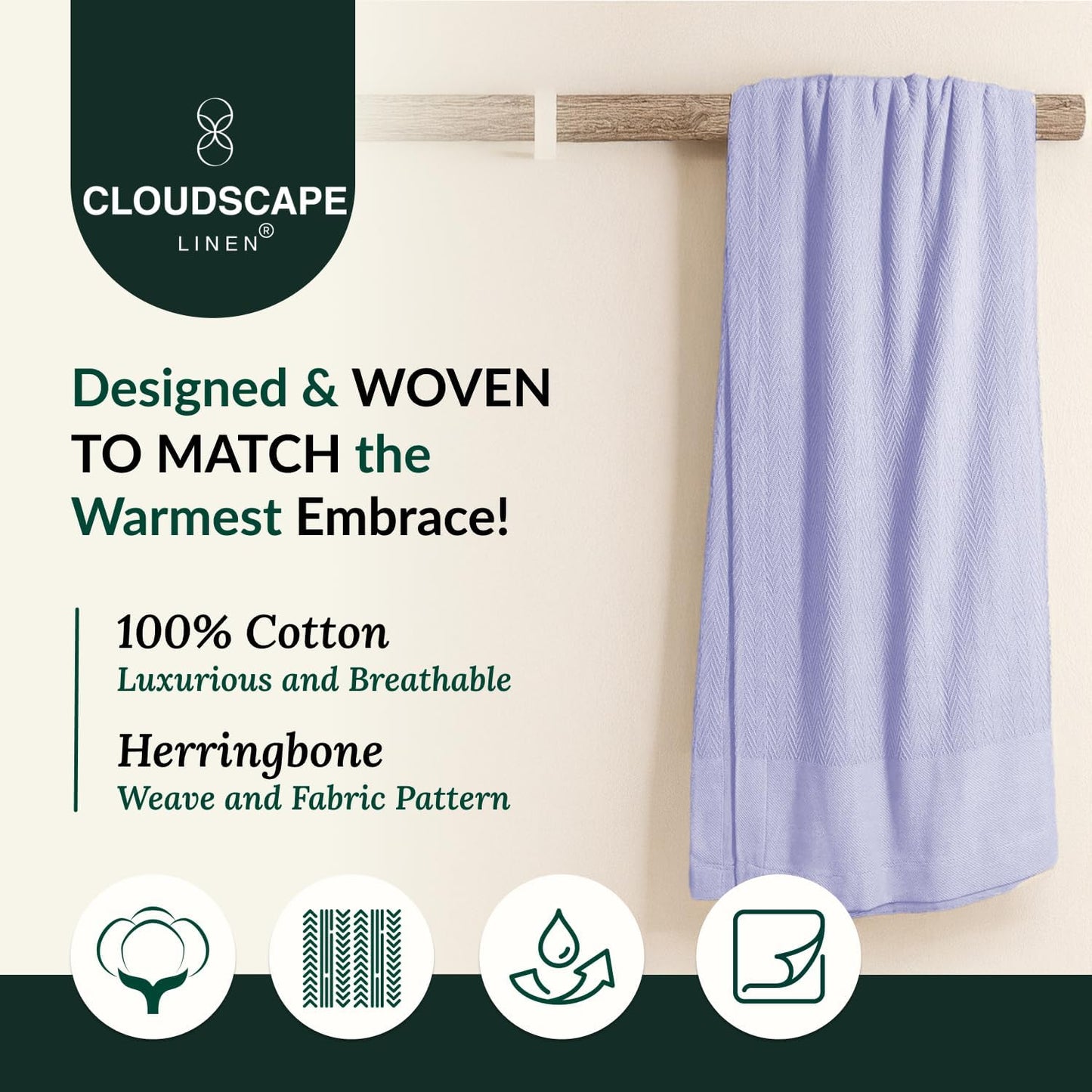 Cloud Scape Linen Herringbone Cotton Throw Blanket for Couch, Bed,Sofa, Home Decor, Soft, Lightweight, All-Season Bed Blanket, 50 x 70, Lavender Blue