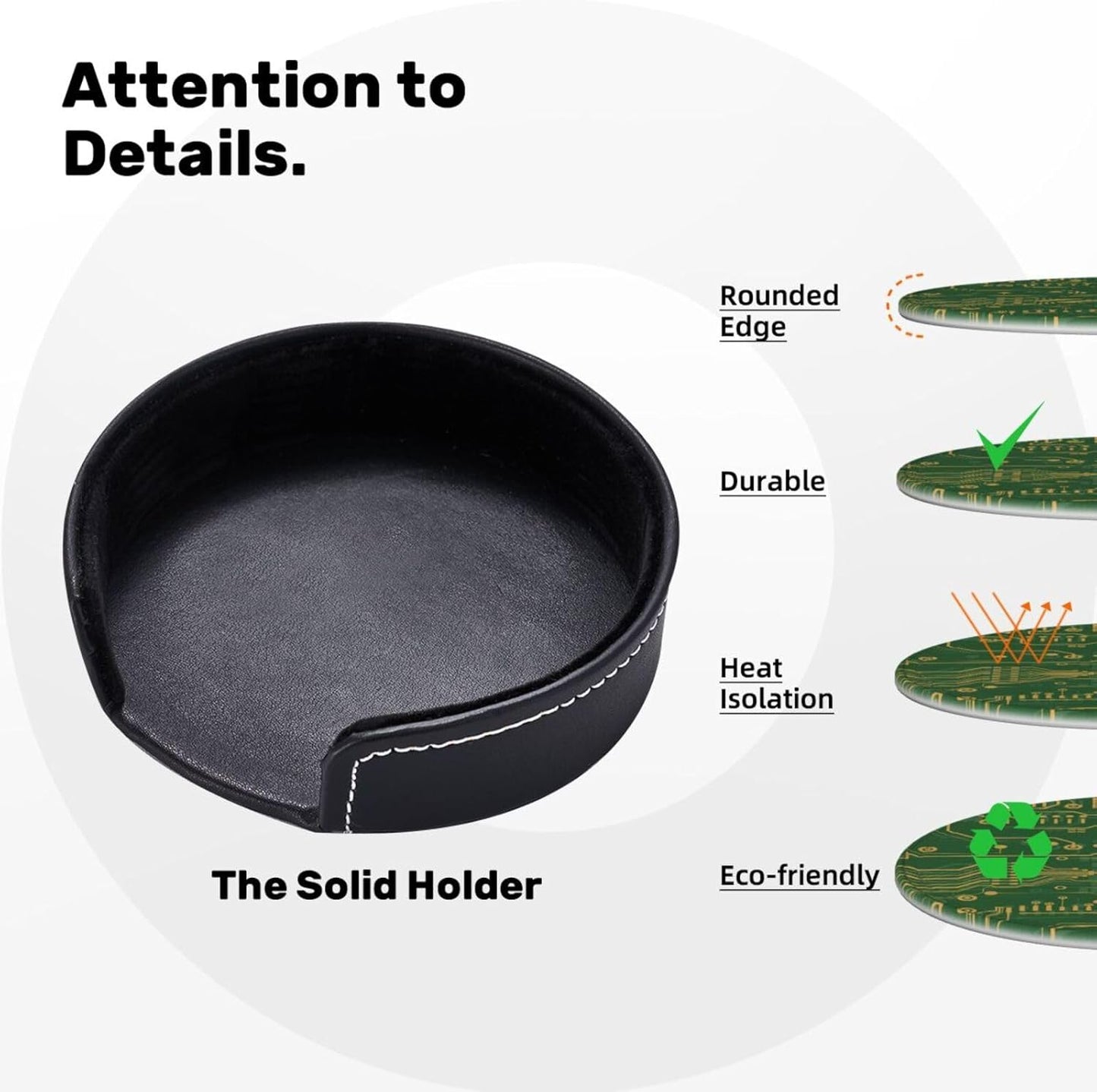 Green Circuit Board Leather Drink Coasters Set of 6 with Holder Round Cup Coaster for Table Decor