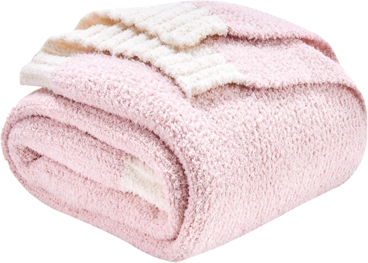 CozeCube Super Soft Fullfy Microfiber Reversible Knitted Blankets, Warm Cozy Fuzzy Plush Throw, Pink and White Melange Throw Blanket for Couch Bed Sofa, 50" x 60"