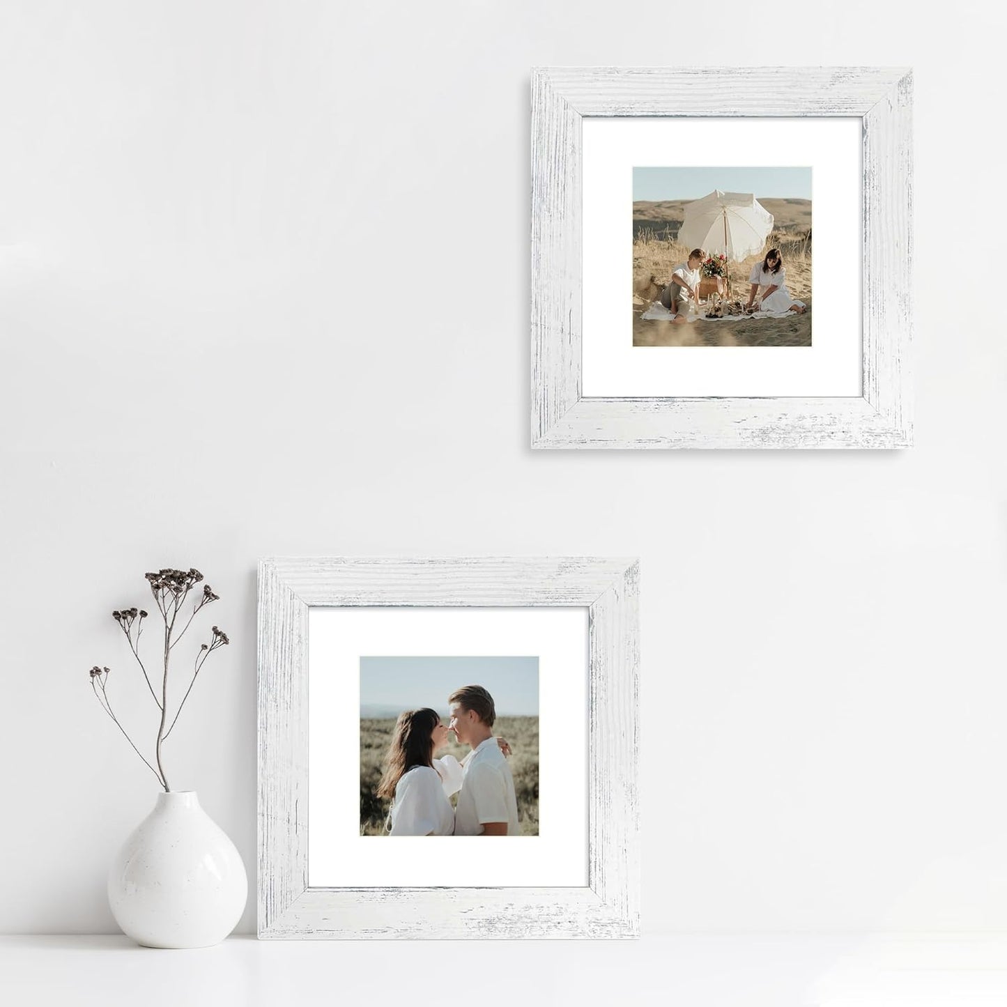 iRahmen 6x6 Picture Frame Set of 4 with High Definition Glass, Distressed White Frames Display 4x4 Picture with Mat or 6 x 6 Without Mat, Wood Square Photo Frame for Wall Mount and Tabletop Display