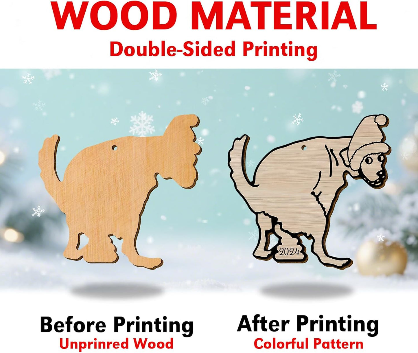 Humorous Dog Christmas Tree Keepsake Ornaments, Funny Dogs Themed 2 Side Printed Flat Wooden Ornament, Xmas Hanging Decor