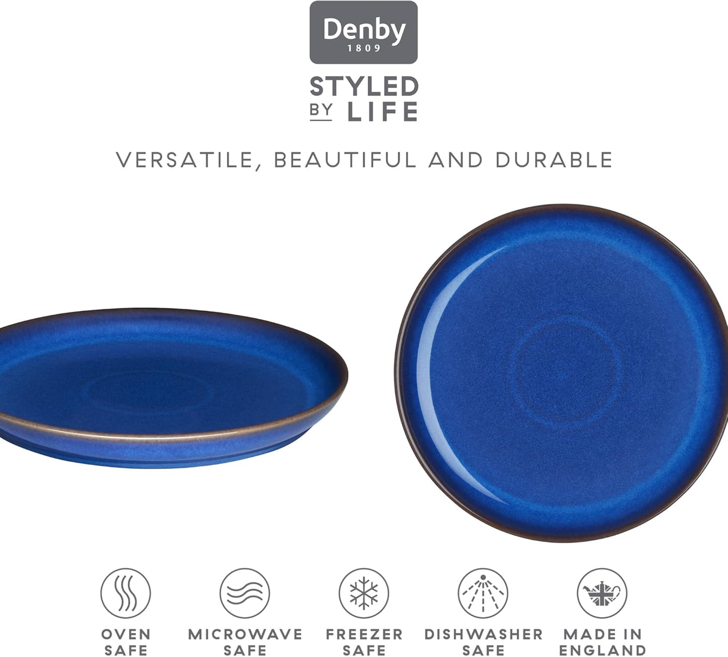 Denby - Imperial Blue Coupe Salad Plates Set of 6 - Dishwasher Microwave Oven Safe - Scratch Chip Resistant Medium Lunch, Appetizer, Dessert Plates - 8.25 Inch Ceramic Stoneware Dinnerware Set