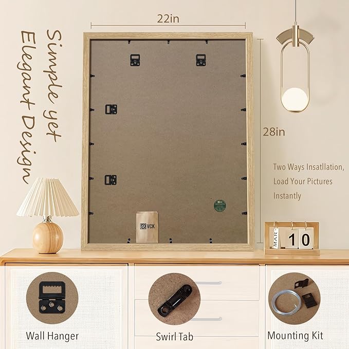 VCK 22x28 Poster Frame Set of 3 - Oak, Natural Solid Wood, Exclusive Wood Grain Picture Frame, Wall Hanging