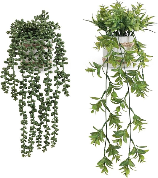 Fake Hanging Plants, 2pcs Artificial Potted Greenery Faux Eucalyptus Vine Fern and String of Pearls in Pot for Home Room Wall Shelf Patio Garden Indoor Outdoor Decor