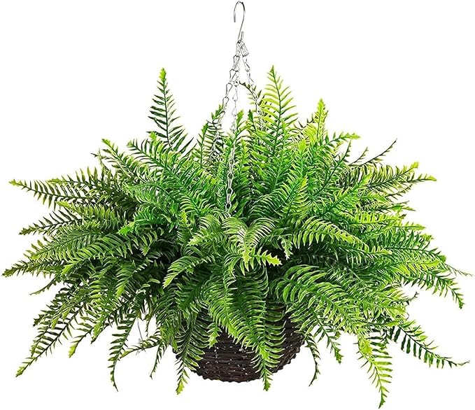 QIANYUN 1PCS Fake Hanging Plant- Boston Ferns UV Resistant Plastic Plants for Bedroom Living Room Garden Decor- Including Hanging Planters (Persian-Green)