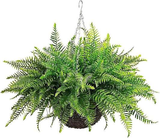 QIANYUN 1PCS Fake Hanging Plant- Boston Ferns UV Resistant Plastic Plants for Bedroom Living Room Garden Decor- Including Hanging Planters (Persian-Green)