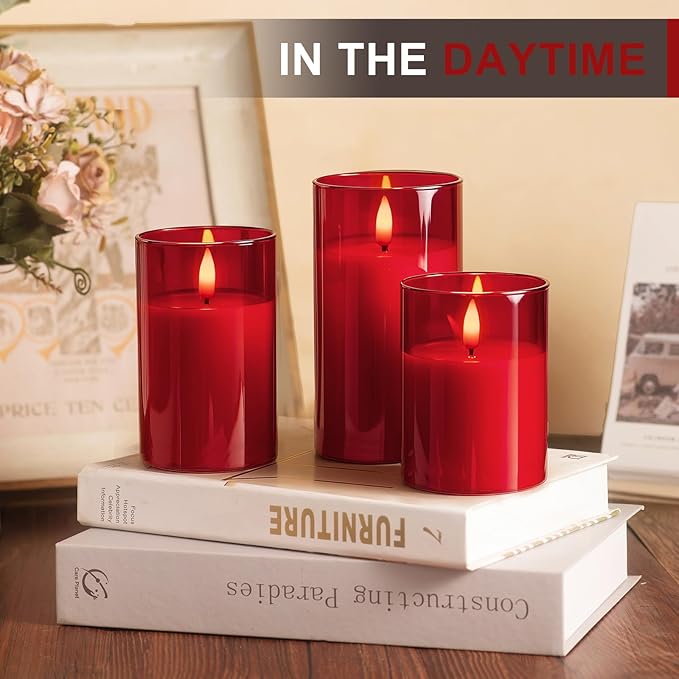 Tyawon Glass Battery Operated LED Flameless Candles with Remote and Timer, Real Wax Candles Warm Color Flickering Light for Festival Wedding Home Party Decor(Pack of 3)-Red