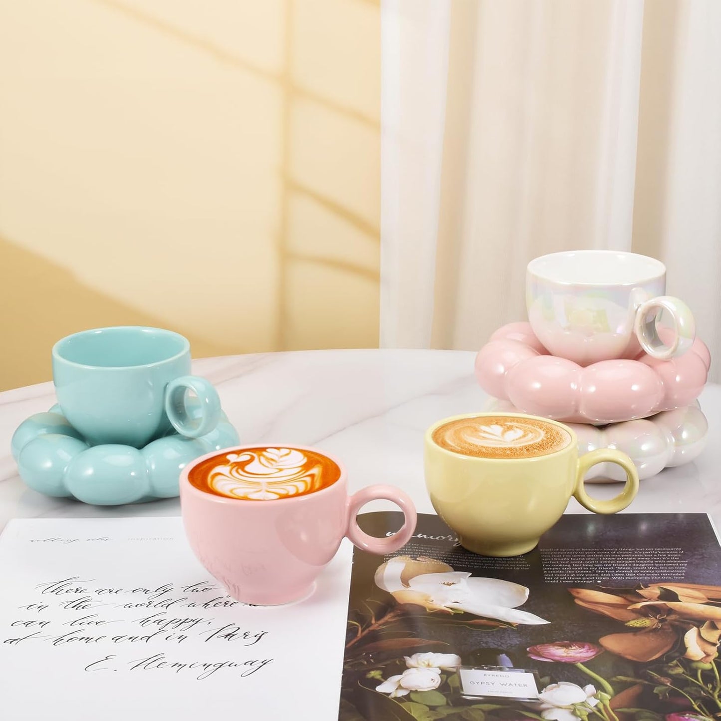 Koythin 4 Pieces Ceramic Sunflower Mug Saucer Set, Creative Cute Cup with Cloud Coaster, 6.5 oz/200 ml Aesthetic Mugs for Tea Latte Milk (White Pink Yellow Blue)