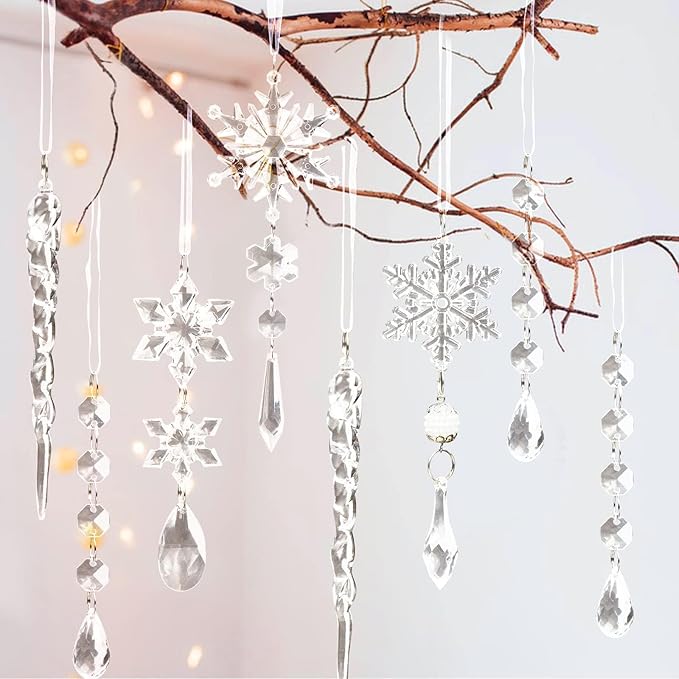 18pcs Christmas Tree Decoration Crystal Ornaments - Hanging Acrylic Christmas Snowflake Icicle Drop Crystal Ornaments for Xmas Tree Winter New Year Party Supplies