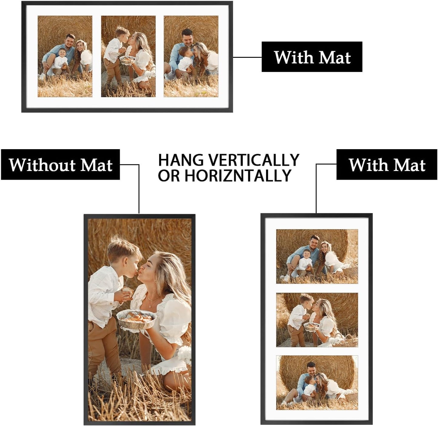 Frametory - 8.5x16.3 Aluminum Collage Picture Frame - Display 5x7 Pictures with 3 Openings Mat - Real Glass Front - Horizontal/Vertical Wall Mount - Black 1 Pack