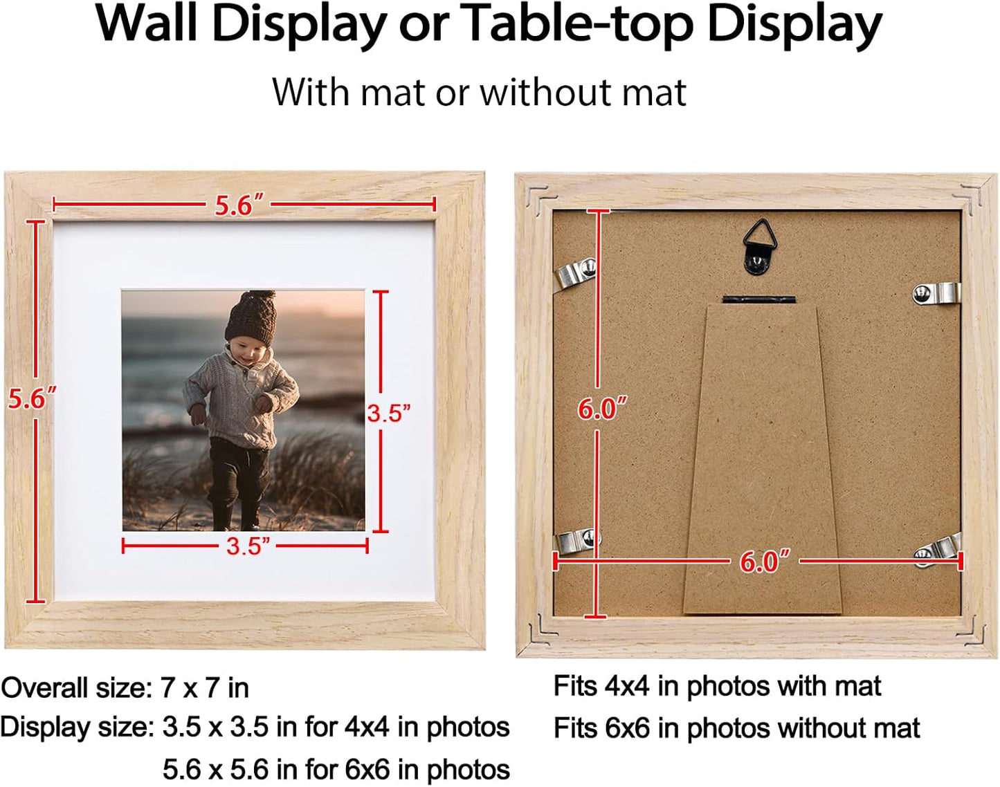 KINLINK 6x6 Picture Frame, Natural Square Solid Wood Frames for Pictures 4x4 with Mat or 6x6 without Mat, Wall and Tabletop Display Photo Frames Natural Wood 4 Pack
