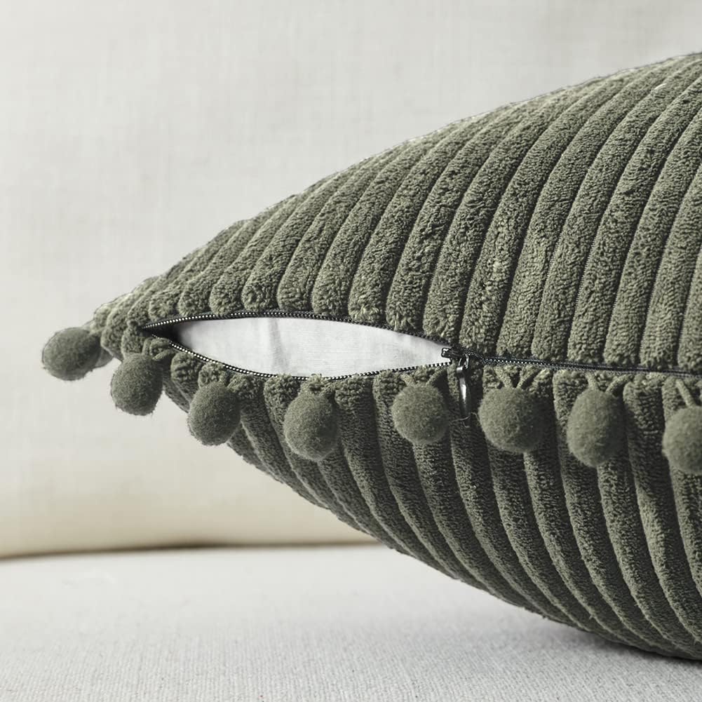 Fancy Homi Pack of 2 Olive Green Decorative Throw Pillow Covers 16x16 Inch with Pom-poms for Couch Bed Bedroom, Soft Corduroy Solid Square Cushion Case 40x40 cm, Farmhouse Boho Home Decor