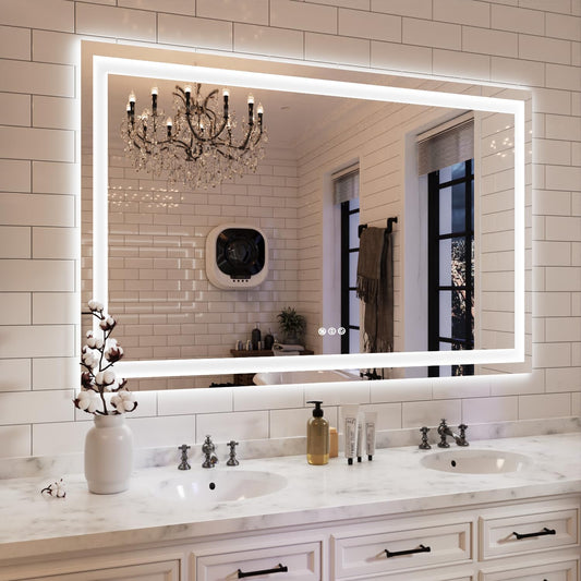 ISKM 55'' x 40'' LED Mirror for Bathroom Lighted Vanity Mirror for Wall Front Lights + Backlit LED Bathroom Mirror Anti-Fog Tempered Glass ETL Listed