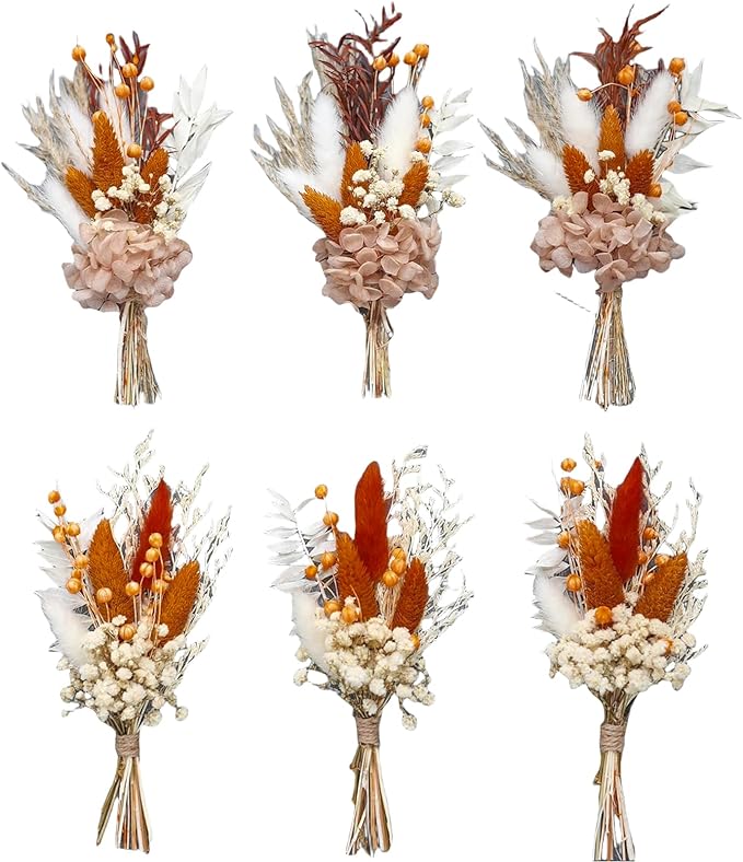 xin's convey Mini Dried Flower Bouquet Set of 6, Groom's and Best Man's Boutonnieres, Dried Flower Gift Box, Boho Wedding Plate Decoration, Birthday Cake Arrangement (Terracotta)