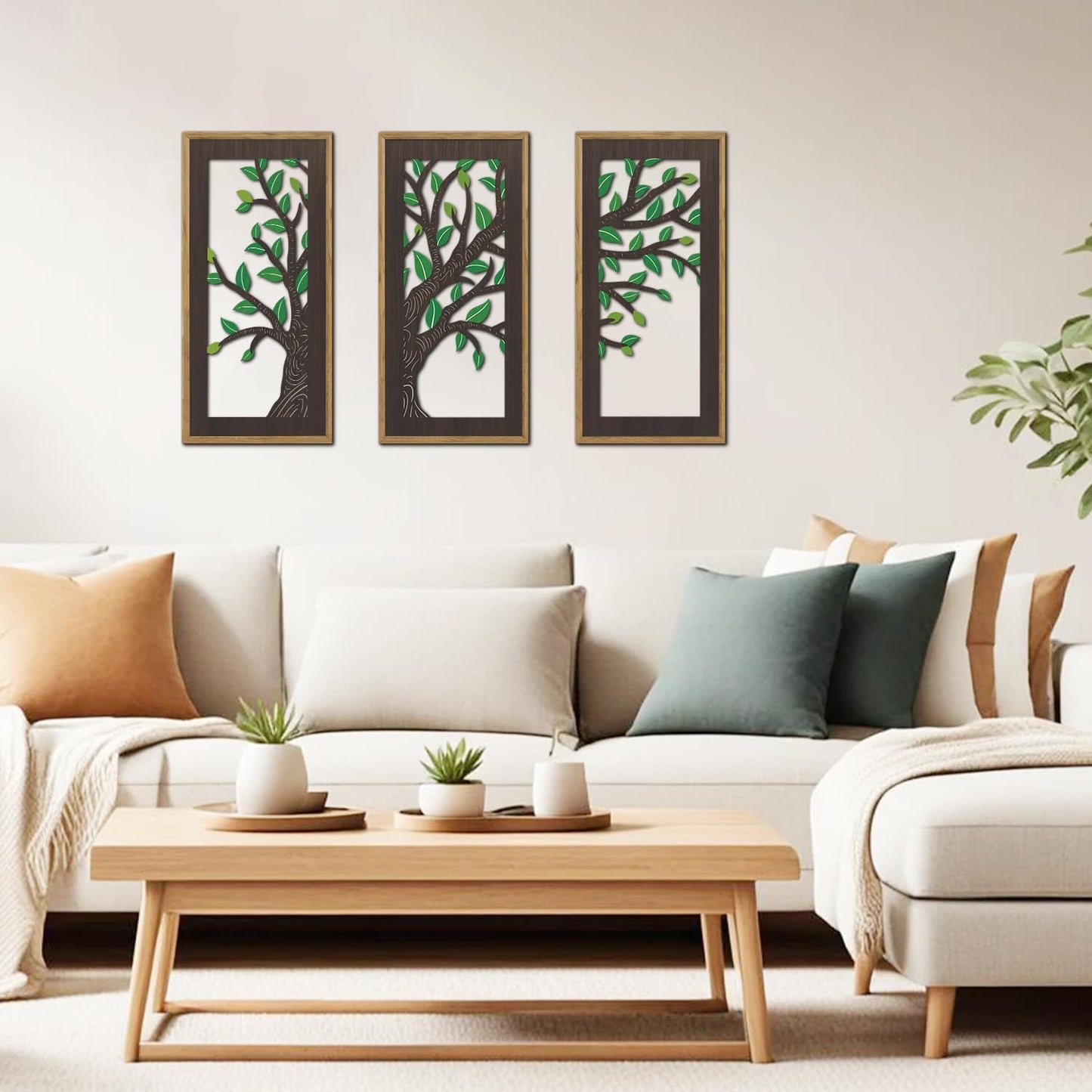 KAIRNE Wooden Tree Branch Framed Wall Art(Set of 3, 16”x8”),Abstract Tree of Life Hollow Artwork Decor,Rustic Birch Green Leaves Wood Decor,Modern Tree Farmhouse Decor for Living Room Bedroom Kitchen