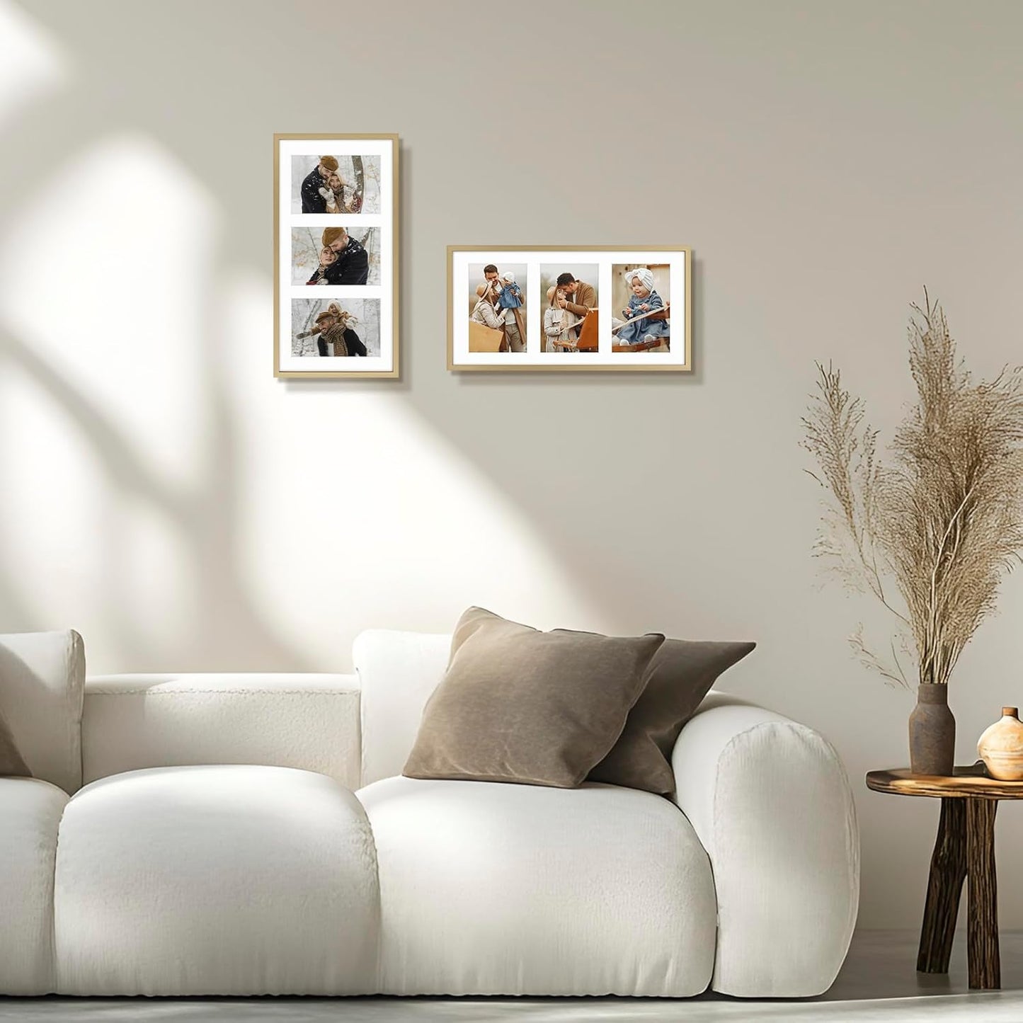 Frametory - 7x14 Aluminum Collage Picture Frame - Display 4x6 Pictures with 3 Openings Mat - Real Glass Front - Horizontal/Vertical Wall Mount - Gold 1 Pack