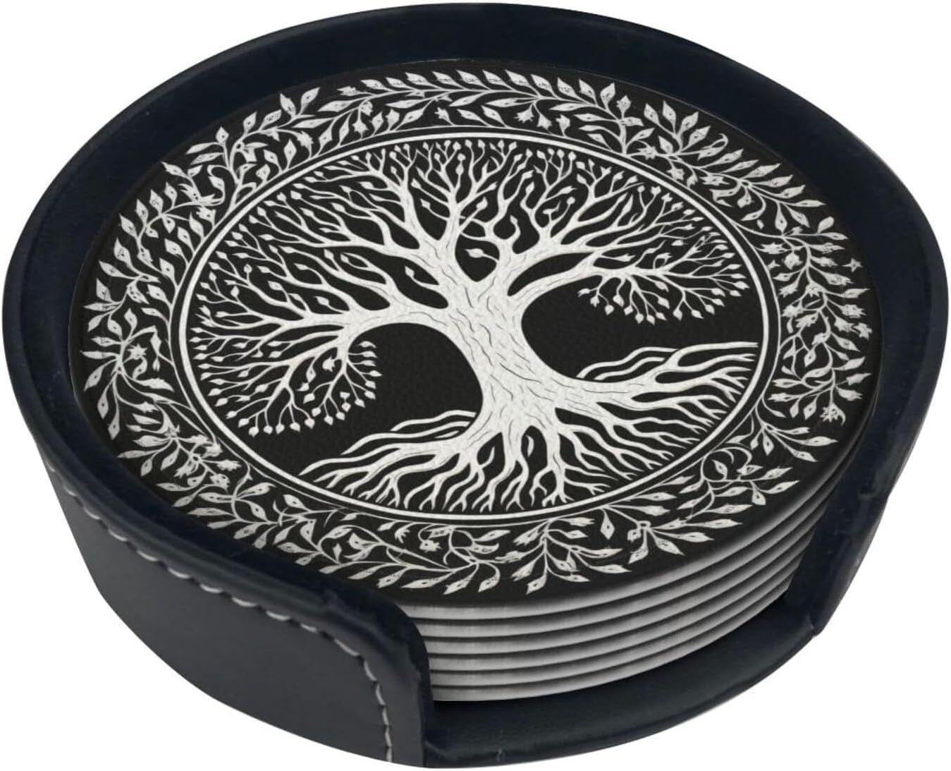 Drink Coasters with Holder Stand Set of 6, Tree of Life Stamp Pu Leather Absorbent Coasters with Cork Base Table Coaster Round for Housewarming Apartment Kitchen Bar Decor
