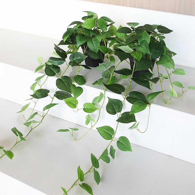 Fake Pothos Hanging Plants – 33" Set of 2 Faux Ivy Vines with Pots, Realistic Silk Devil’s Ivy for Indoor Décor, Low Maintenance Artificial Greenery for Home or Office (Green)