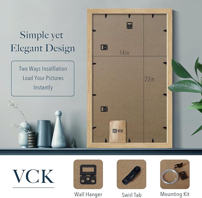 VCK 14x24 Picture Frame Set of 3 - Oak, Natural Solid Wood, Exclusive Wood Grain Poster Frame, Wall Hanging