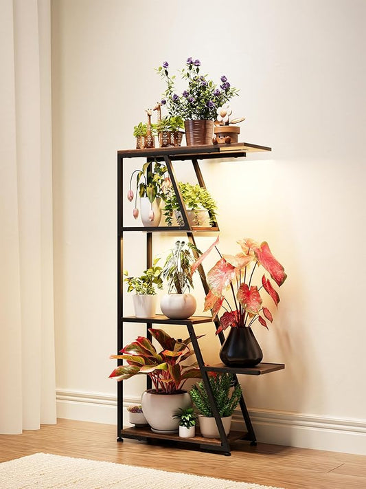 Plant Stand Indoor with Grow Lights: 5 Tier Small Corner Shelf Metal Tower Lighted Black Modern Display Rack for Living Room Bedroom Office