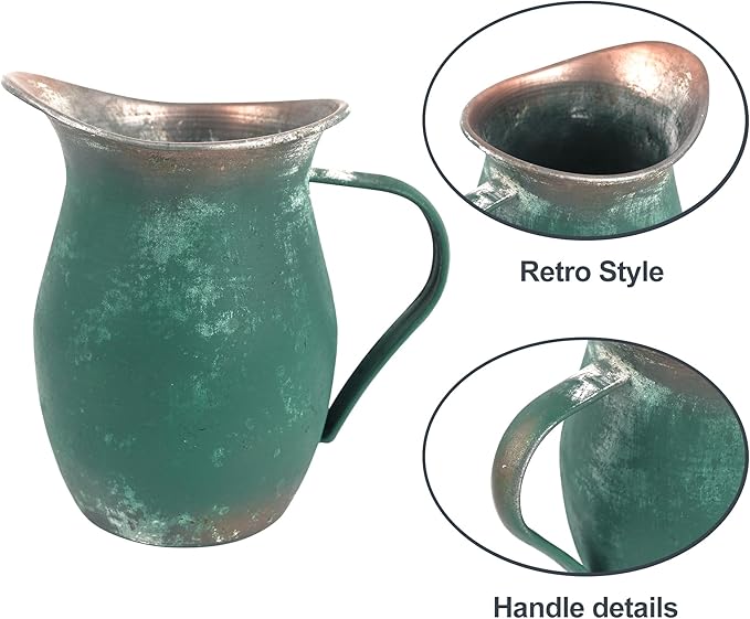 BIG FORTUNE Decorative Pitcher Vase Large Rustic Farmhouse Vase for Flowers Vintage Metal Milk Jug Vintage Decorative Pitcher Kitchen Decorations (Green)