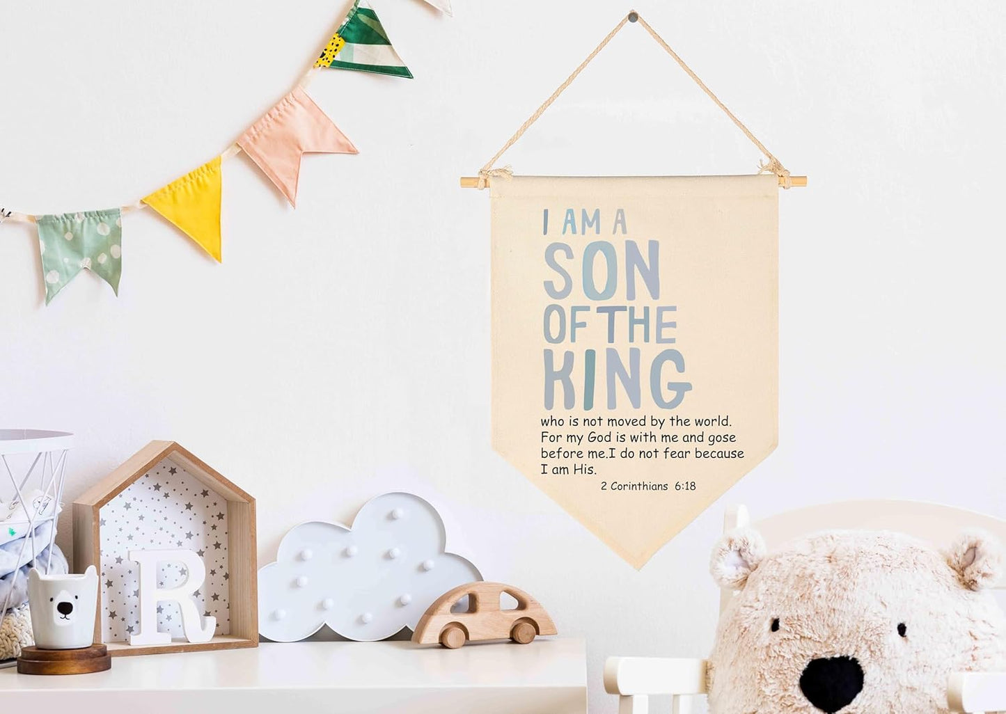 I Am A Son Of the King-Inspirational Flag Sign Gift for Baby Newborn Boys Kids-Encourage Banner Wall Decor Gift for Nursery Bedroom Playroom Front Door-Baby Gift Shower-New Home Christmas Gift