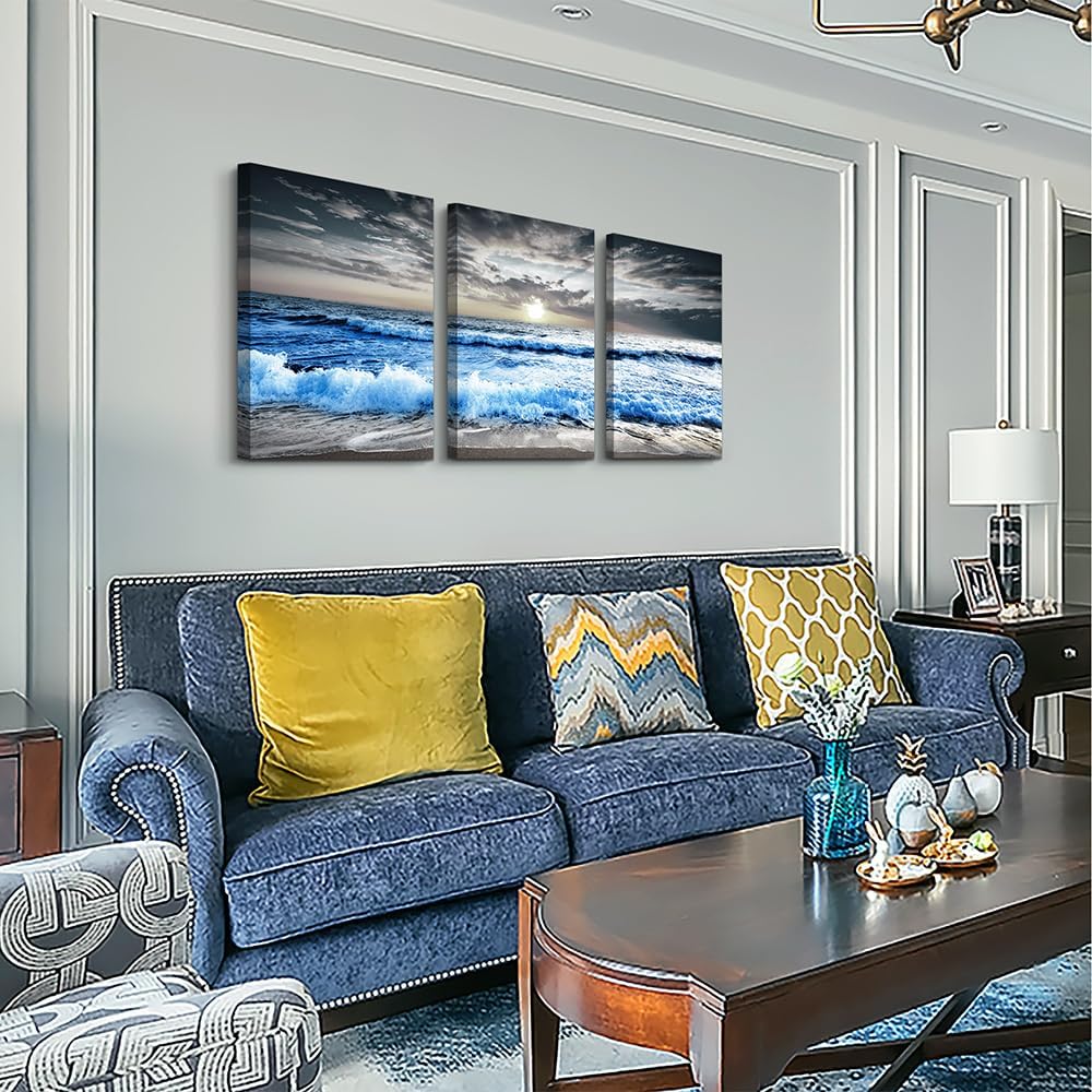 MHARTK66 3 Piece Canvas Wall Art - Blue Ocean Wave Seascape Pictures - Bedroom, Living Room, Office Wall Decor - Modern Home Decor