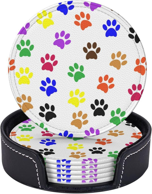 Drink Coasters with Holder Stand Set of 6, Dog Cat Paws Pu Leather Absorbent Coasters with Cork Base Table Round Coaster for Housewarming Apartment Kitchen Bar Decor