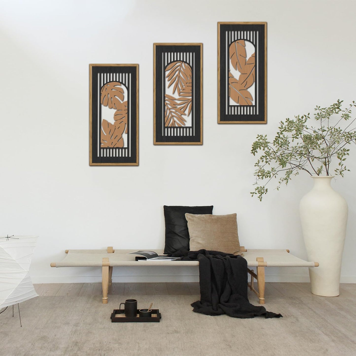 KAIRNE Rustic Tropical Wall Decor, Palm Leaf Wooden Sign for Bathroom, Vintage Leaf Plant Hanging Wood Plaque Rustic Wall Art Nature Picture for Living Room Decoration3 pcs(8x16Inch)