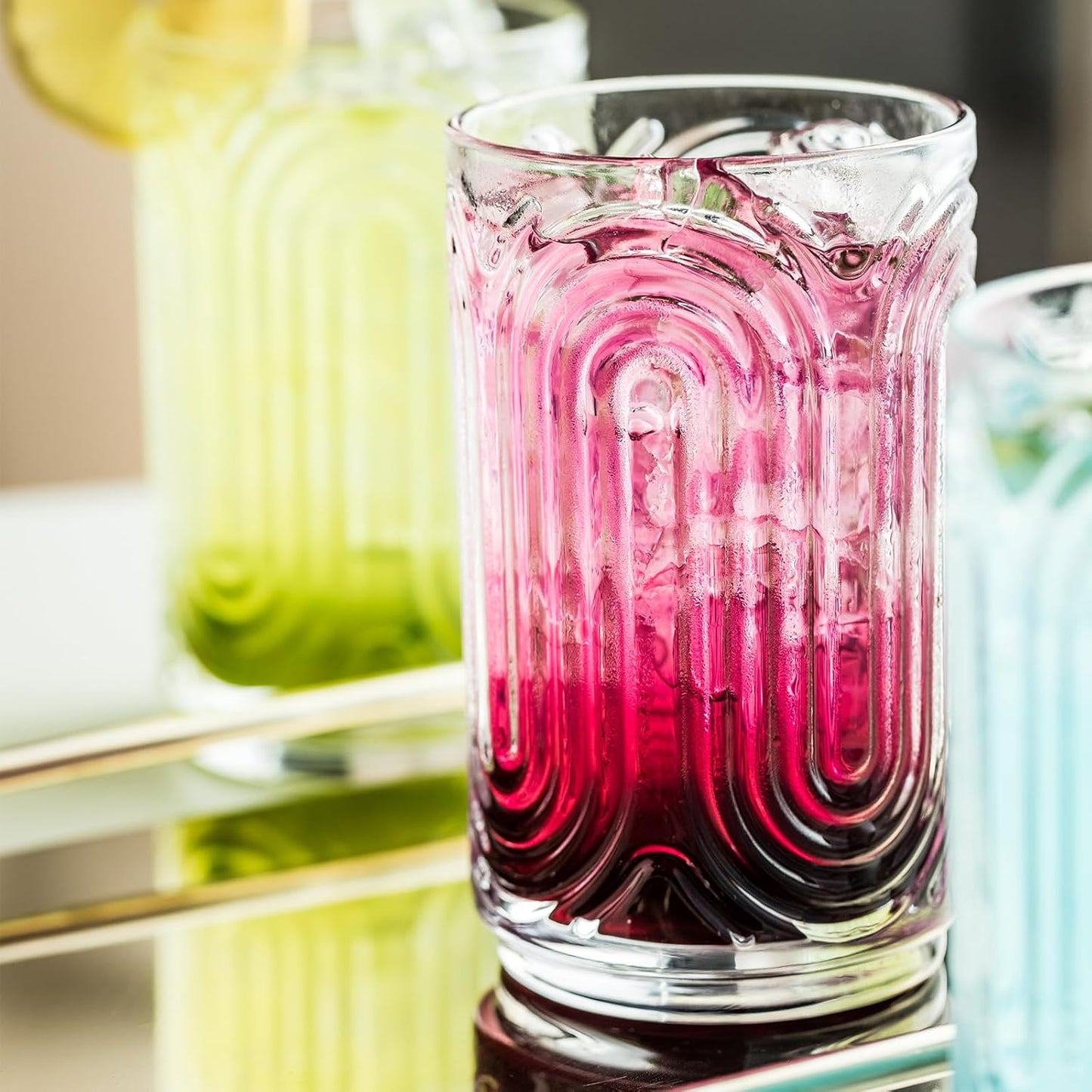 INSETLAN Set of 12 Vintage Glassware - 14 oz Water Drinking Glasses, Art Deco Ripple Glass Cup, Cocktail Glasses, for Bar Beverages, Iced Coffee, Juice, Housewarming Presents, New House Essentials