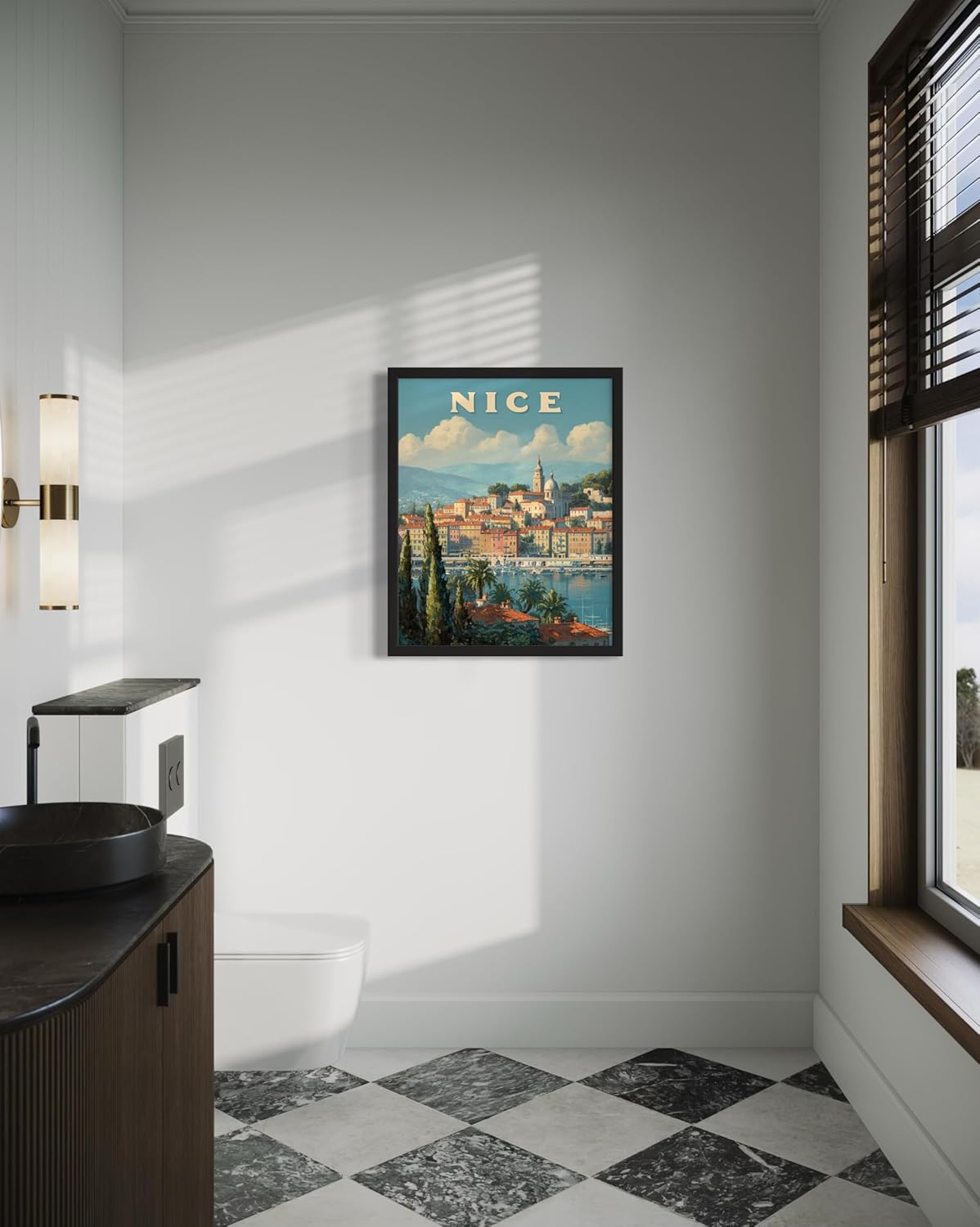 Nice, France Art Print Poster, Europe Vintage City Retro Photography Skyline Travel Bedroom Bathroom Living Room Decor 183 (Nice, France, 24 x 36 inches, Black Frame)