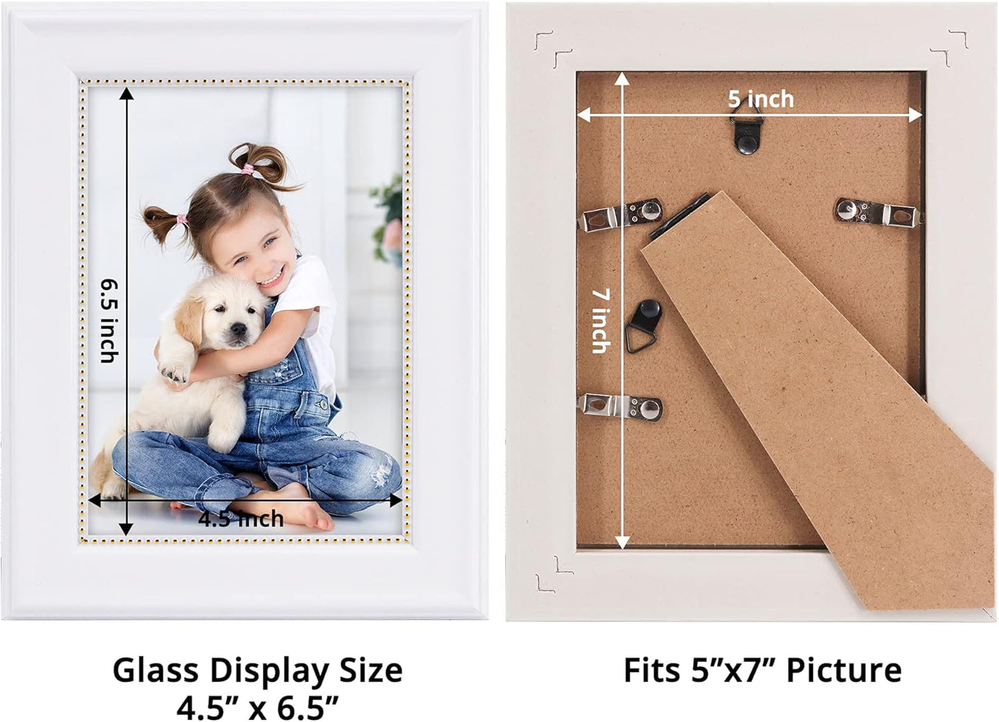 GraduationMall 5x7 Picture Frames, Real Glass, Display Photos for Wall or Tabletop, White with Gold Beads, 2-Pack