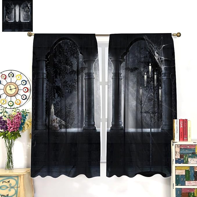 Halloween Blackout Curtains，Candle Skull in Weird Dark Scary Balcony Under Bright Moonlight Pattern Drapes Window 2 Panel Rod Pocket Curtain for Bedroom Living Room Decor 21" W X 45" L