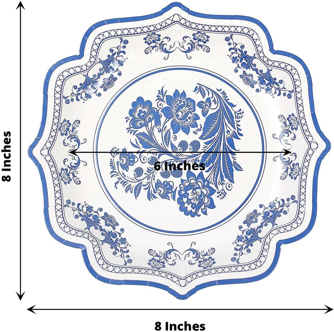 Efavormart 25 Pack | 8" White/Blue Chinoiserie Floral Print Paper Dessert Plates With Scalloped Rims, Disposable Salad Appetizer Plates - 300 GSM