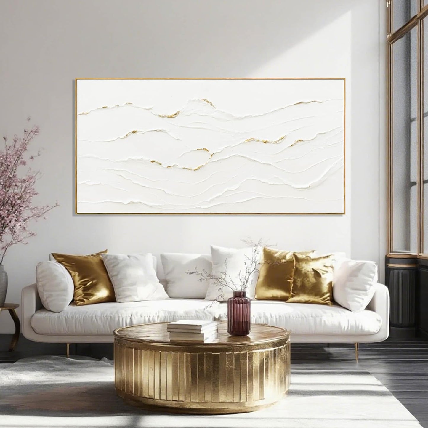 Minimalist White and Gold Line Artwork with Frame Hand Painted Abstract Canvas Wave Wall Art for Bedroom Living Room Office 24"x48"