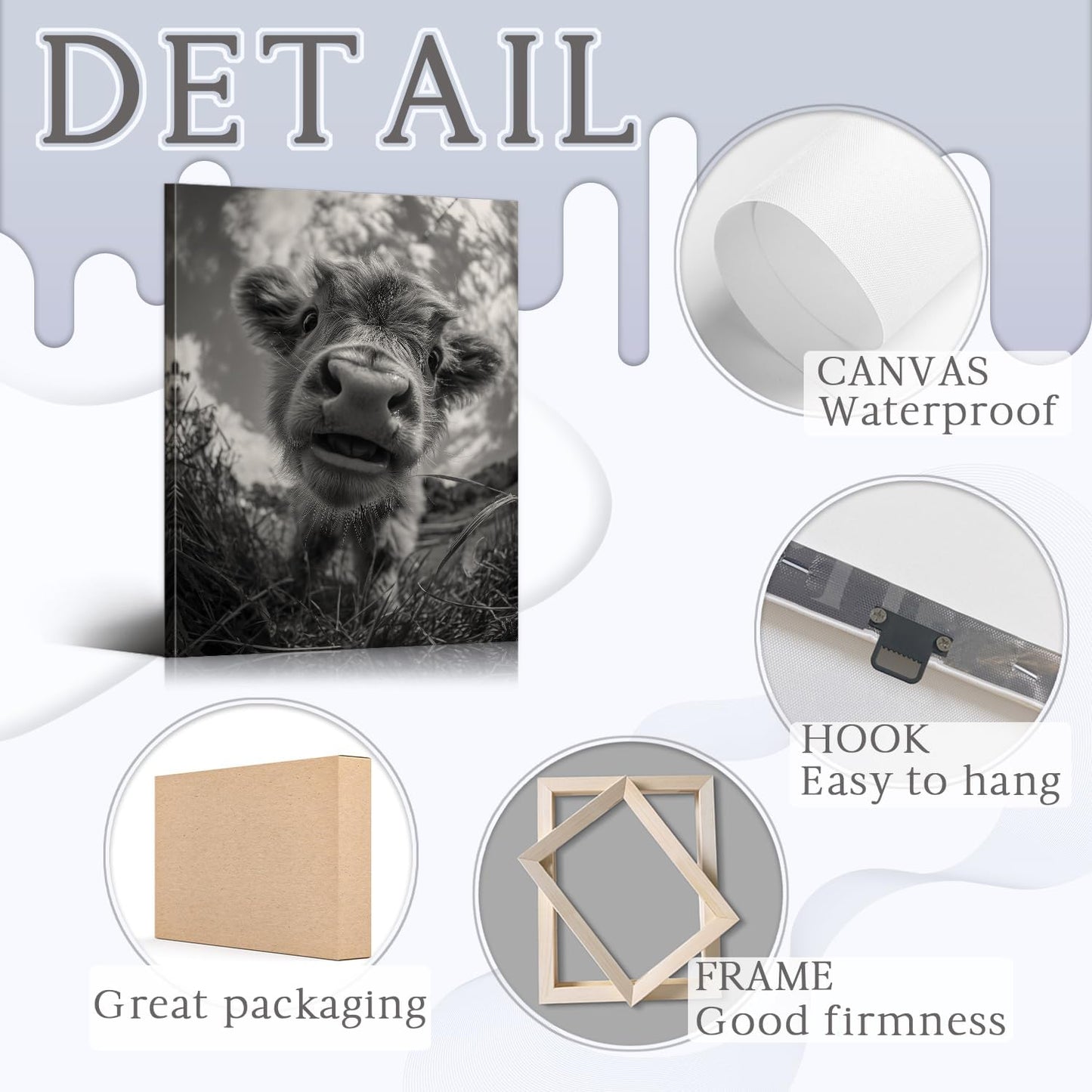 Highland Cow Wall Art Framed - Lightweight Highland Cow Canvas Print with Wooden Frame, Modern Farmhouse Decor 12x15.7 Inch - Animal Posters Farmhouse Pictures Wall Decor Canvas Art