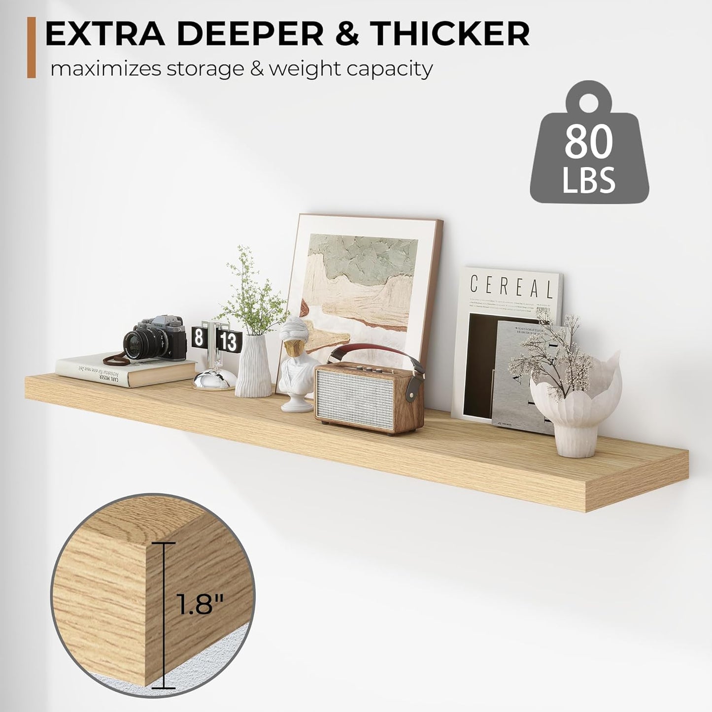 Fun Memories Floating Shelves - 12 Inch Rustic Wooden Wall Shelves - Extra Deeper & Thicker Wall Mounted Storage Shelf for Living Room, Kitchen, Farmhouse - 55" W x 12" D x 1.8" H - Oak